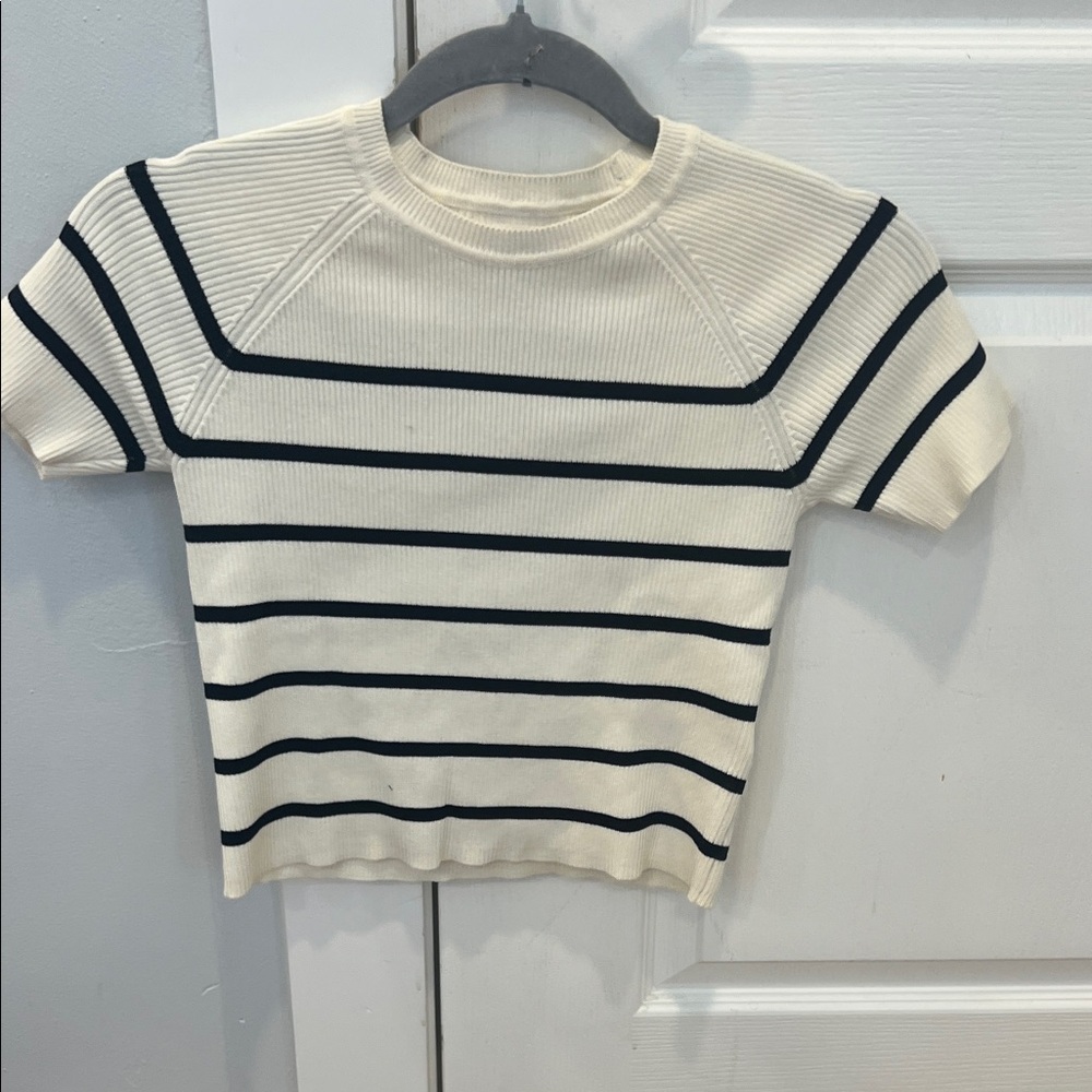 Zara Cream and navy blue Striped Short Sleeve Tee